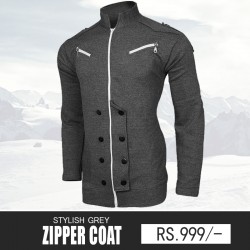 Grey Front Zipper Button Coat